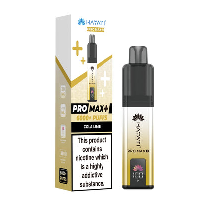 Hayati Pro Max+ vape device in "Cola Lime" flavour and packaging on a white background