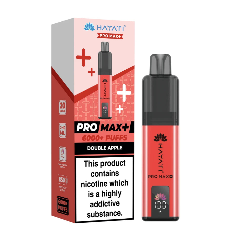 Hayati Pro Max+ vape device in "Double Apple" flavour and packaging on a white background