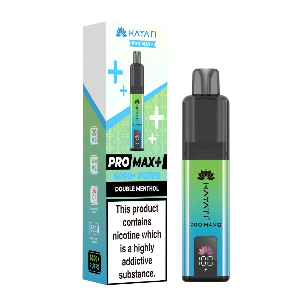 Hayati Pro Max+ vape device in "Double Menthol" flavour and packaging on a white background