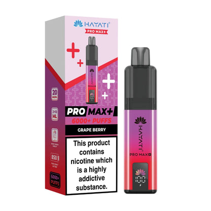 Hayati Pro Max+ vape device in "Grape Berry" flavour and packaging on a white background