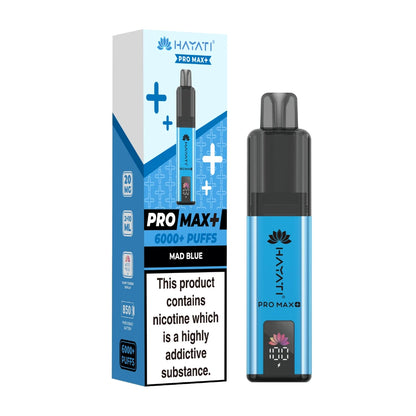 Hayati Pro Max+ vape device in "Mad Blue" flavour and packaging on a white background