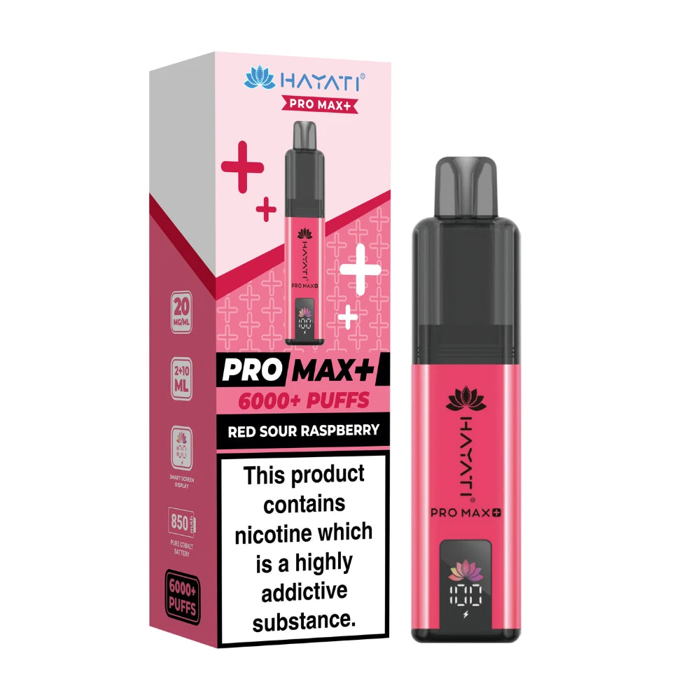 Hayati Pro Max+ vape device in "Red Sour Raspberry" flavour and packaging on a white background