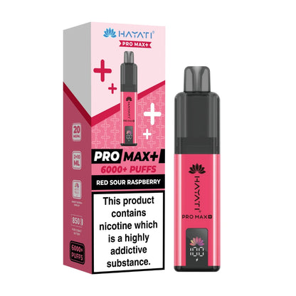 Hayati Pro Max+ vape device in "Red Sour Raspberry" flavour and packaging on a white background