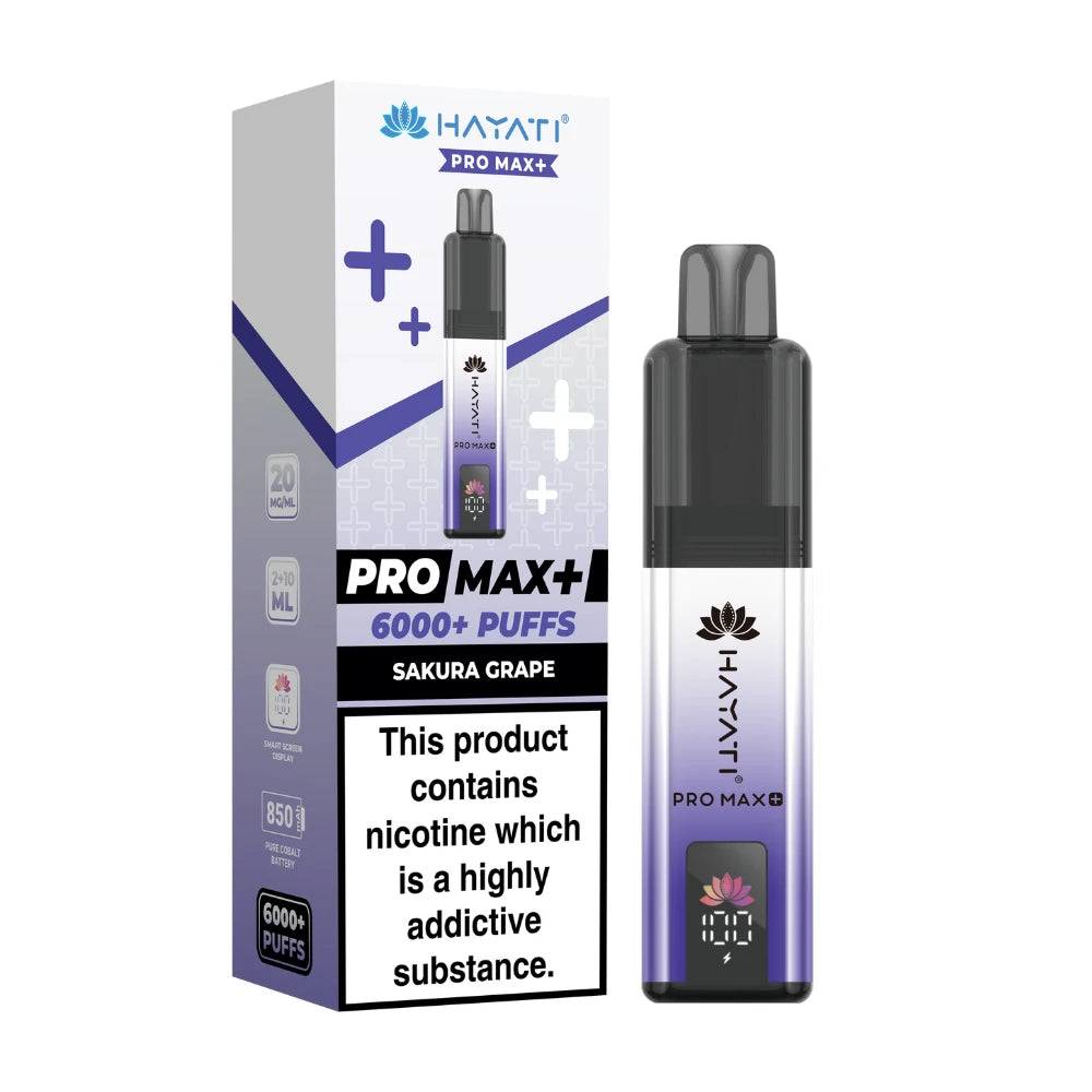 Hayati Pro Max+ vape device in "Sakura Grape" flavour and packaging on a white background