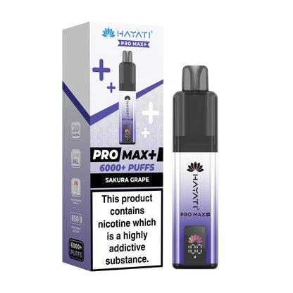 Hayati Pro Max+ vape device in "Sakura Grape" flavour and packaging on a white background