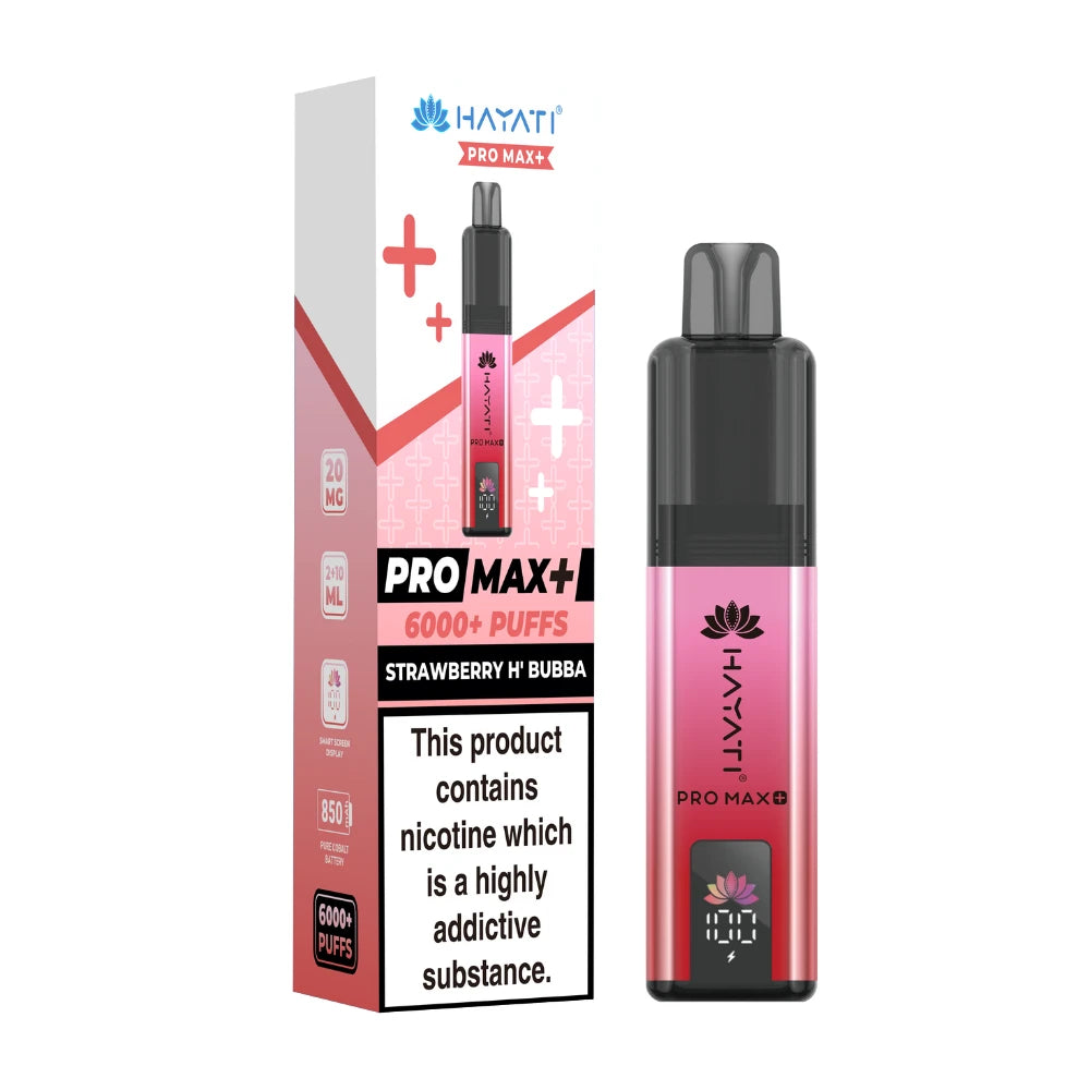Hayati Pro Max+ vape device in "Strawberry H'Bubba" flavour and packaging on a white background
