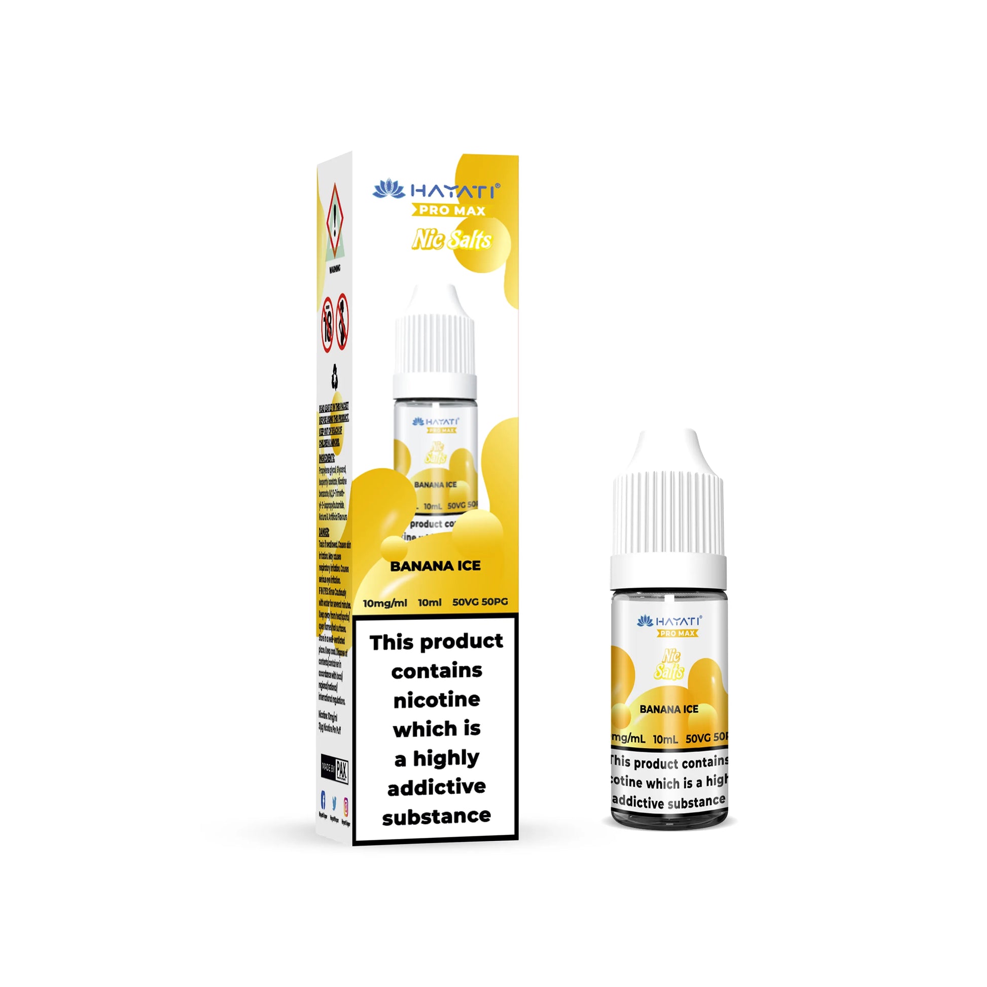 Banana ice e-liquid bottle and packaging with nicotine warning label on a white background