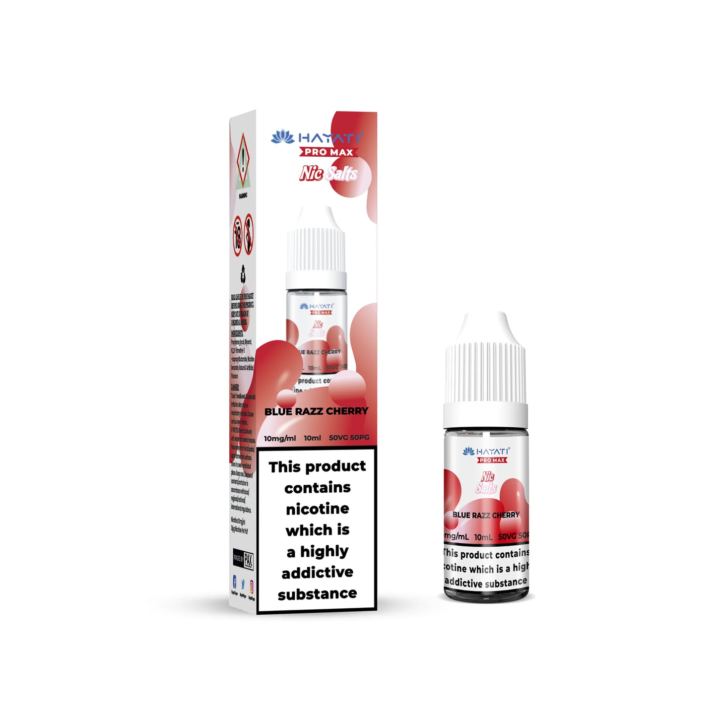 Hayati Pro Max Salts Vape juice bottle and packaging blue razz cherry flavouring on a white background