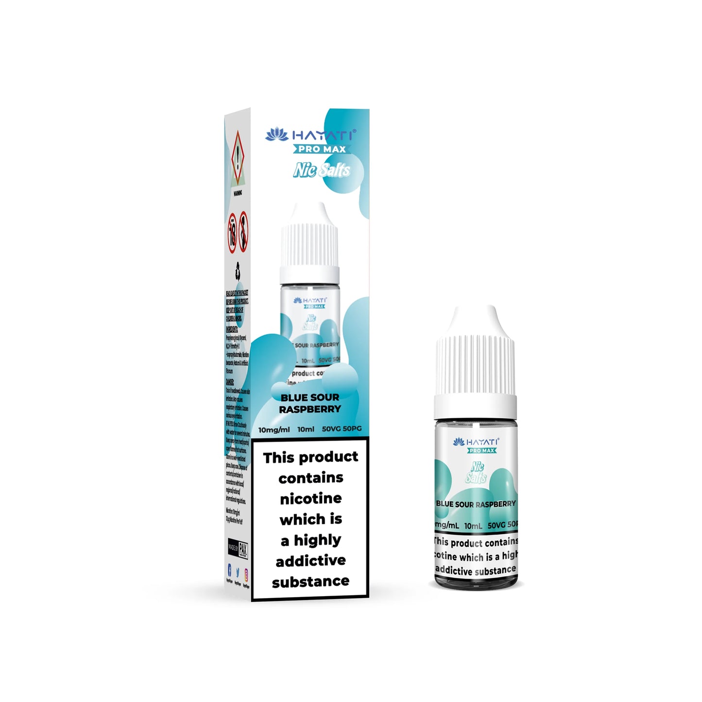 Hayati Pro Max Salts Blue Sour Raspberry vape juice packaging with nicotine warning label on a white background