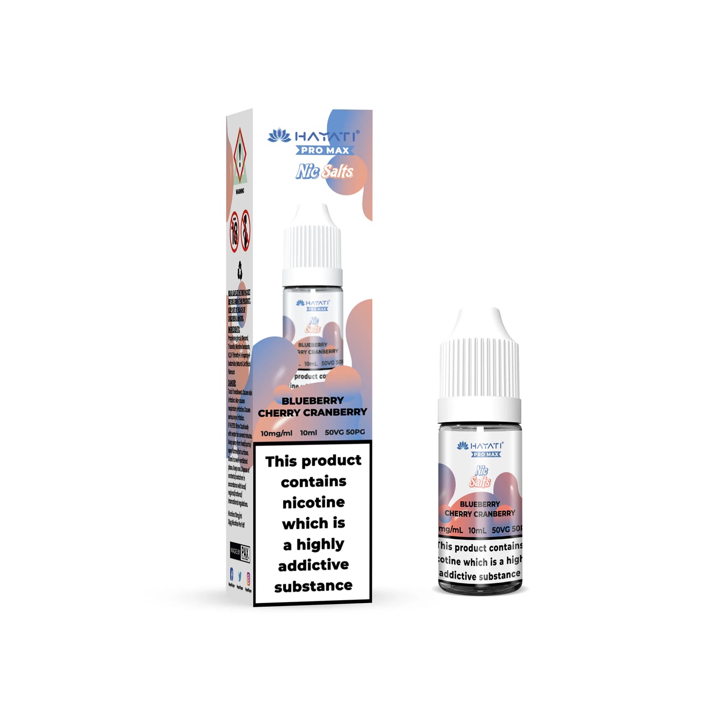 Bottle of Hayati Pro Max e-liquid with packaging on a white background