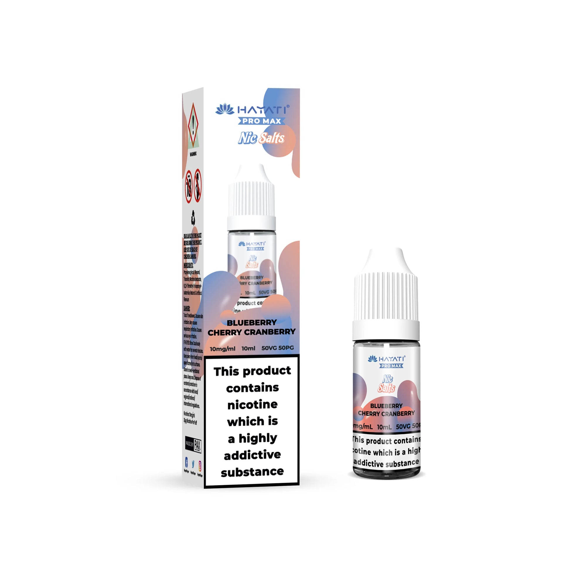 Bottle of Hayati Pro Max e-liquid with packaging on a white background