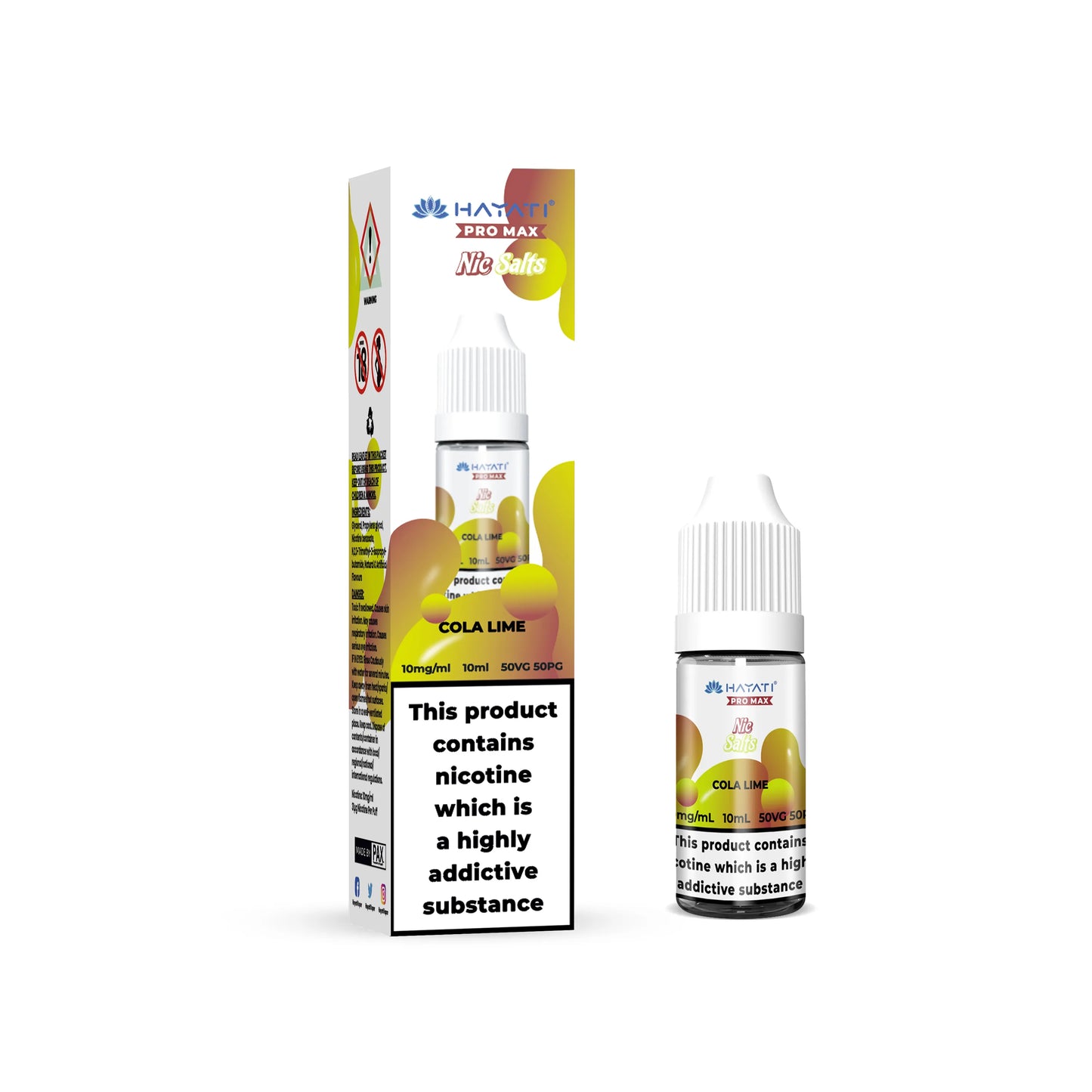 Hayati Pro Max Salts Cola Lime flavored e-liquid bottle and packaging on a white background
