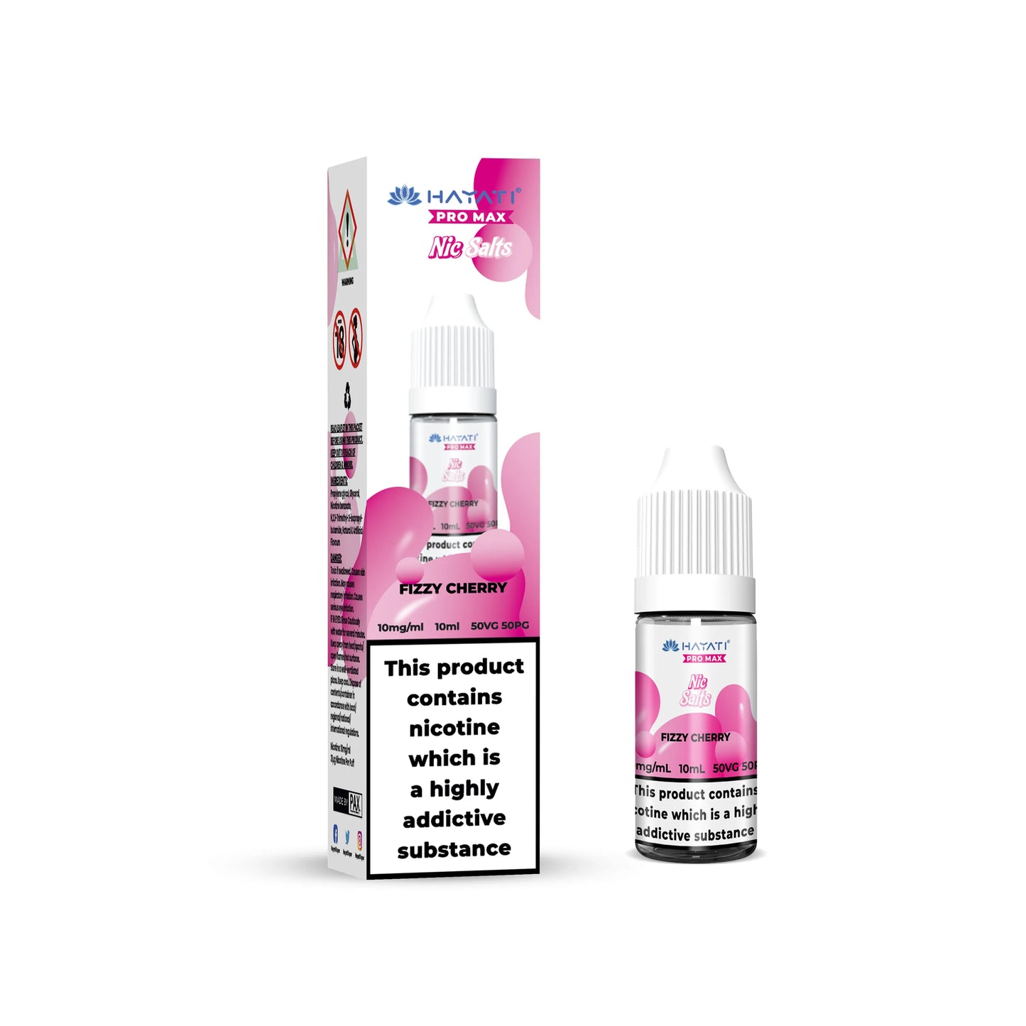 Hayati Pro Max Salts Fizzy Cherry vape juice packaging with nicotine warning label on a white background