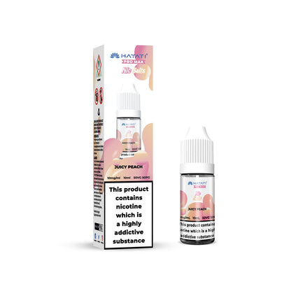 Juicy Peach vape juice packaging with nicotine warning label on a white background