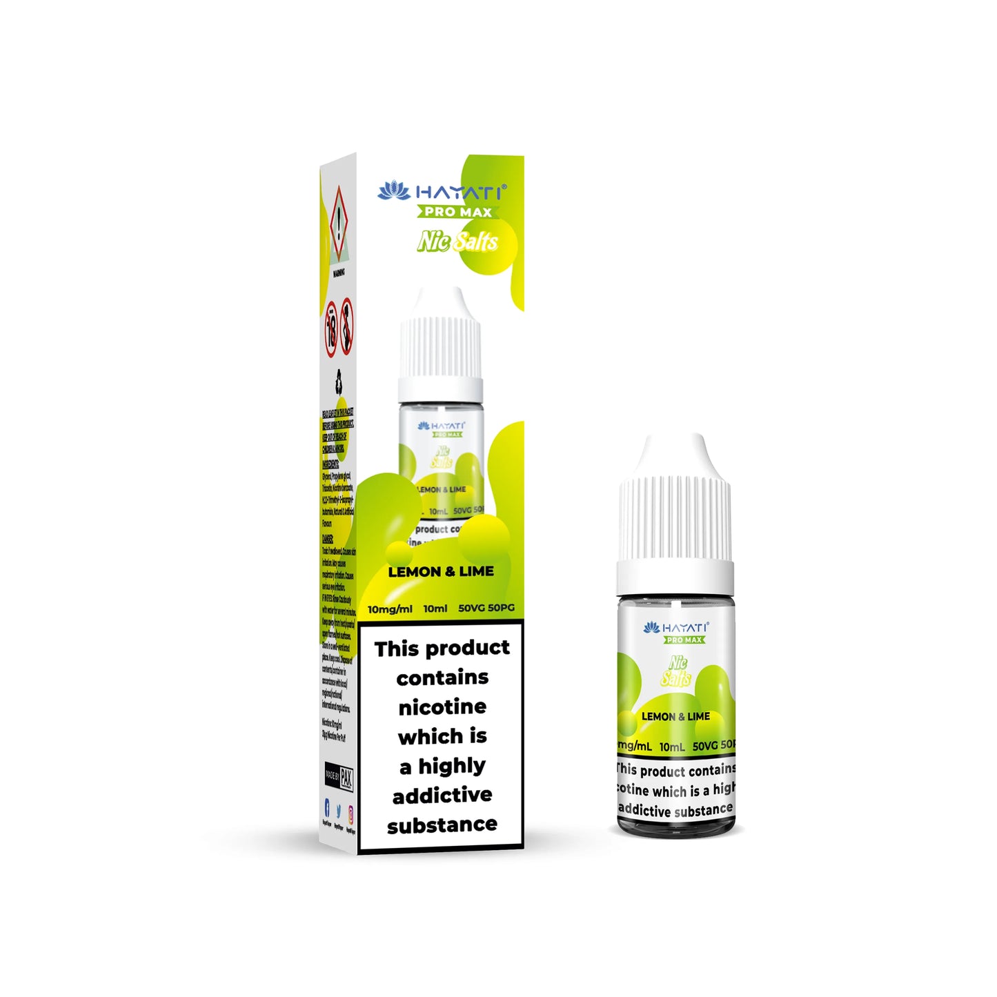 Bottle of Lemon & Lime flavored nicotine product with packaging on a white background