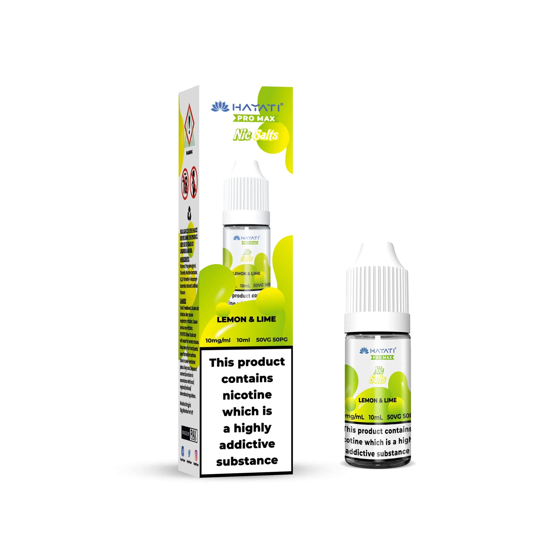 Bottle of Lemon & Lime flavored nicotine product with packaging on a white background