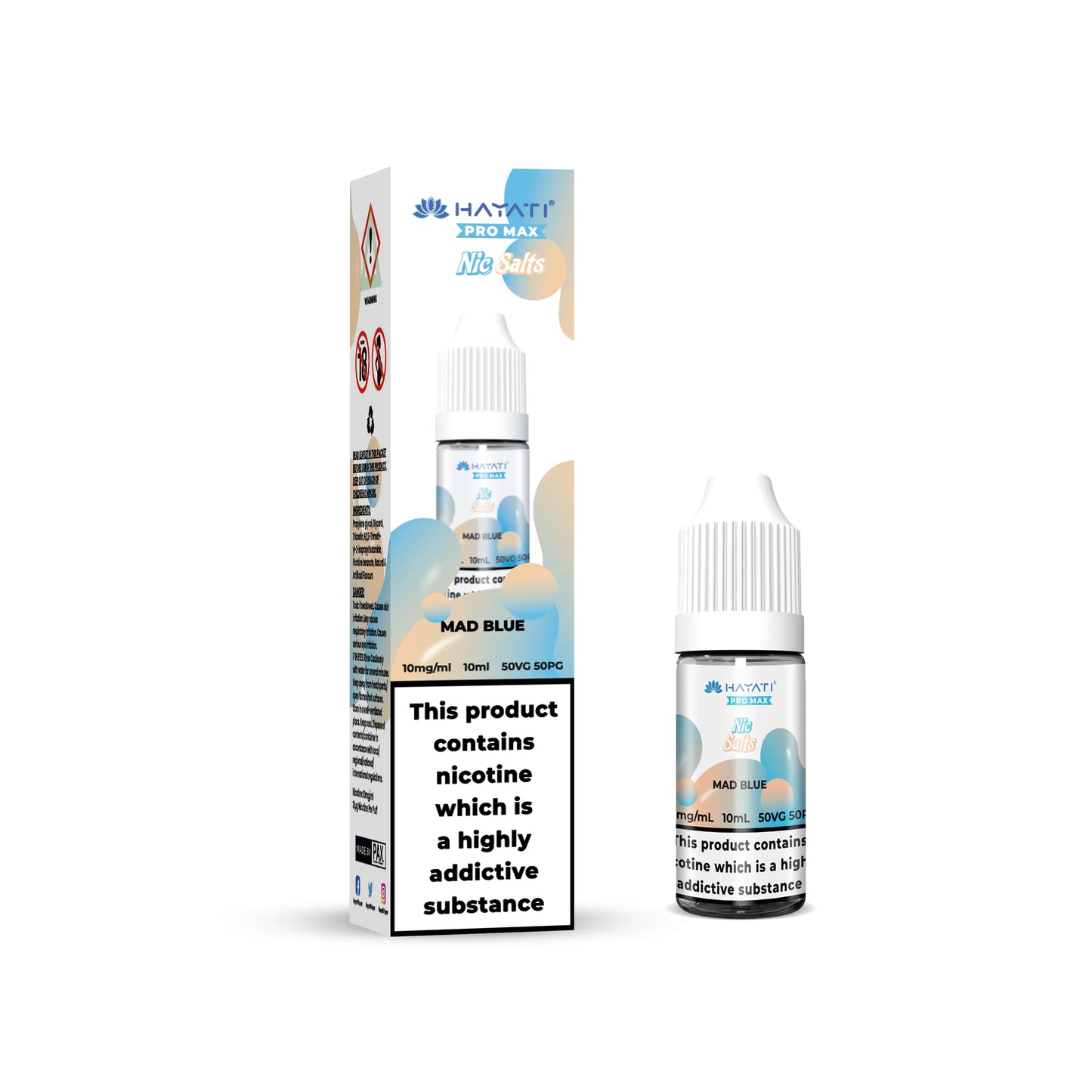 Hayati Pro Max Mad Blue vape juice packaging on a white background