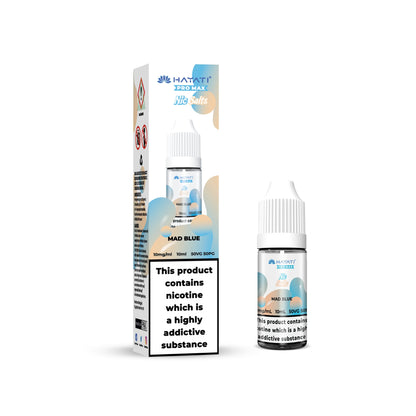 Hayati Pro Max Mad Blue vape juice packaging on a white background