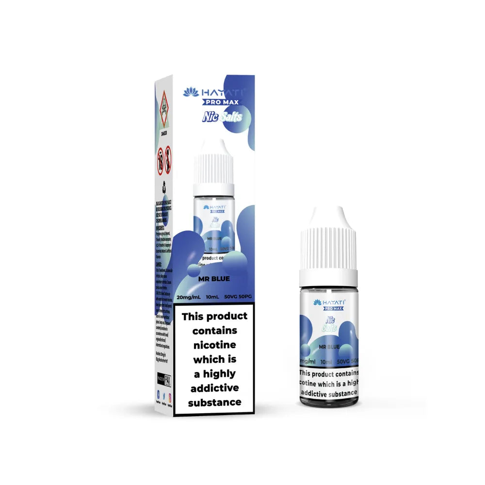 E-liquid bottle and packaging with blue and white design on a white background
