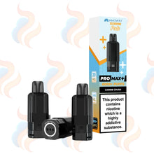 Three Hayati Pro Max+ vape refill pods with packaging on a white background.