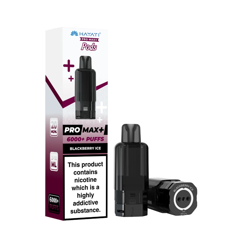 Hayati Pro Max+ refill pod in "Blackberry Ice" flavour and packaging on a white background