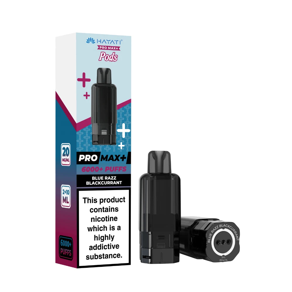 Hayati Pro Max+ refill pod in "Blue Razz Blackcurrant" flavour and packaging on a white background