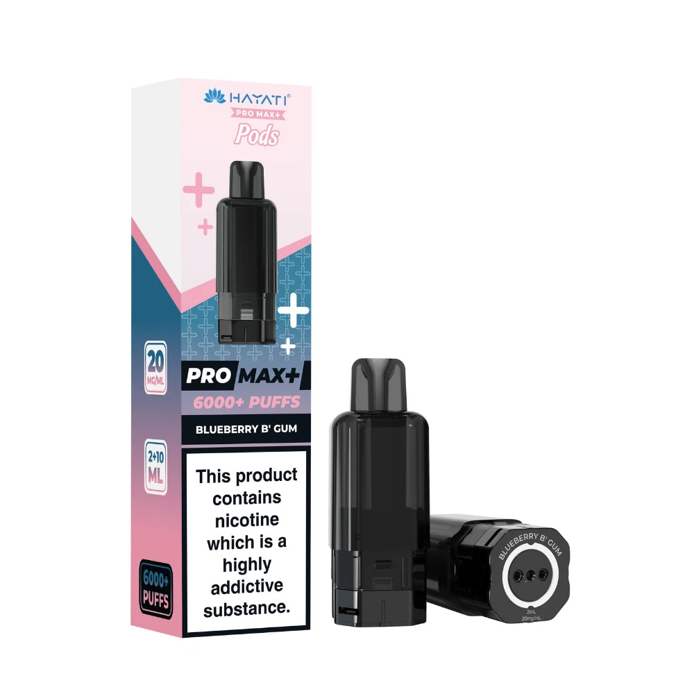 Hayati Pro Max+ refill pod in "Blueberry B'Gum" flavour and packaging on a white background