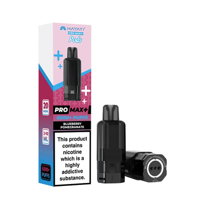 Hayati Pro Max+ refill pod in "Blueberry Pomegranate" flavour and packaging on a white background