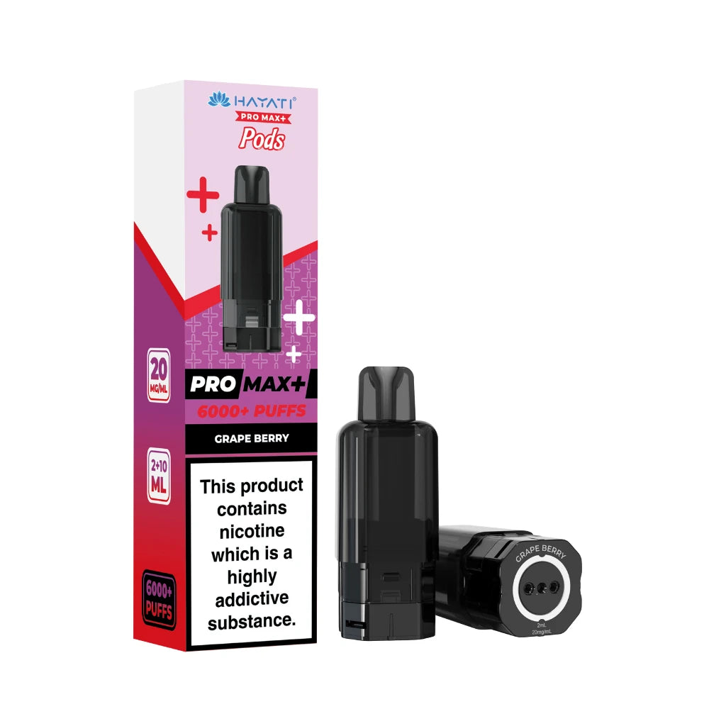 Hayati Pro Max+ refill pod in "Grape Berry" flavour and packaging on a white background