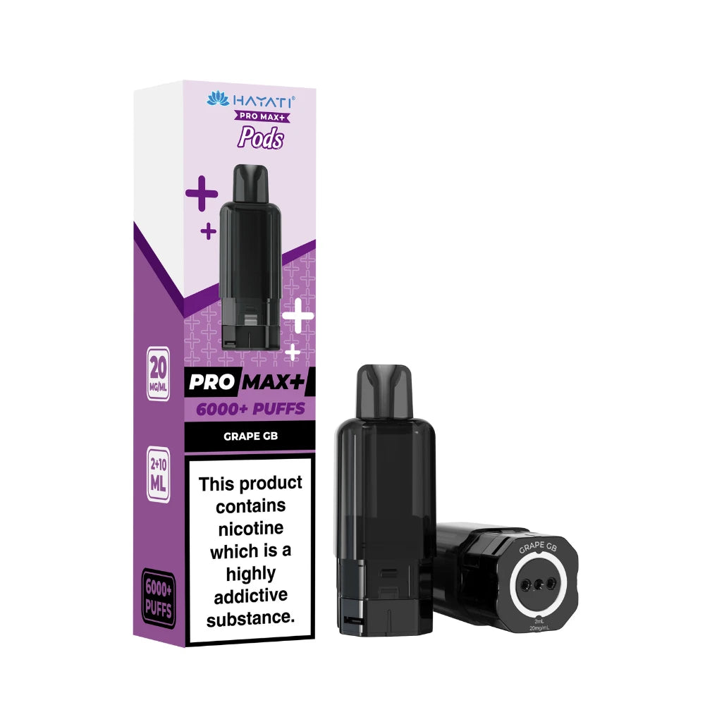 Hayati Pro Max+ refill pod in "Grape GB" flavour and packaging on a white background