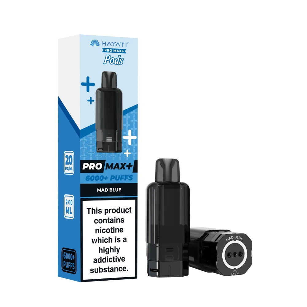 Hayati Pro Max+ refill pod in "Mad Blue" flavour and packaging on a white background