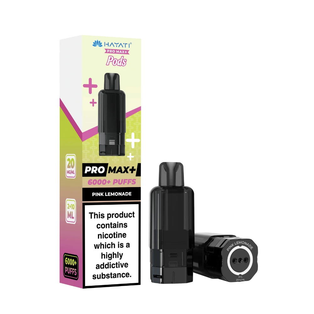 Hayati Pro Max+ refill pod in "Pink Lemonade" flavour and packaging on a white background