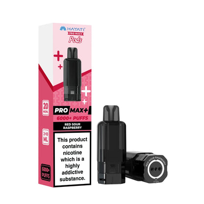 Hayati Pro Max+ refill pod in "Red Sour Raspberry" flavour and packaging on a white background
