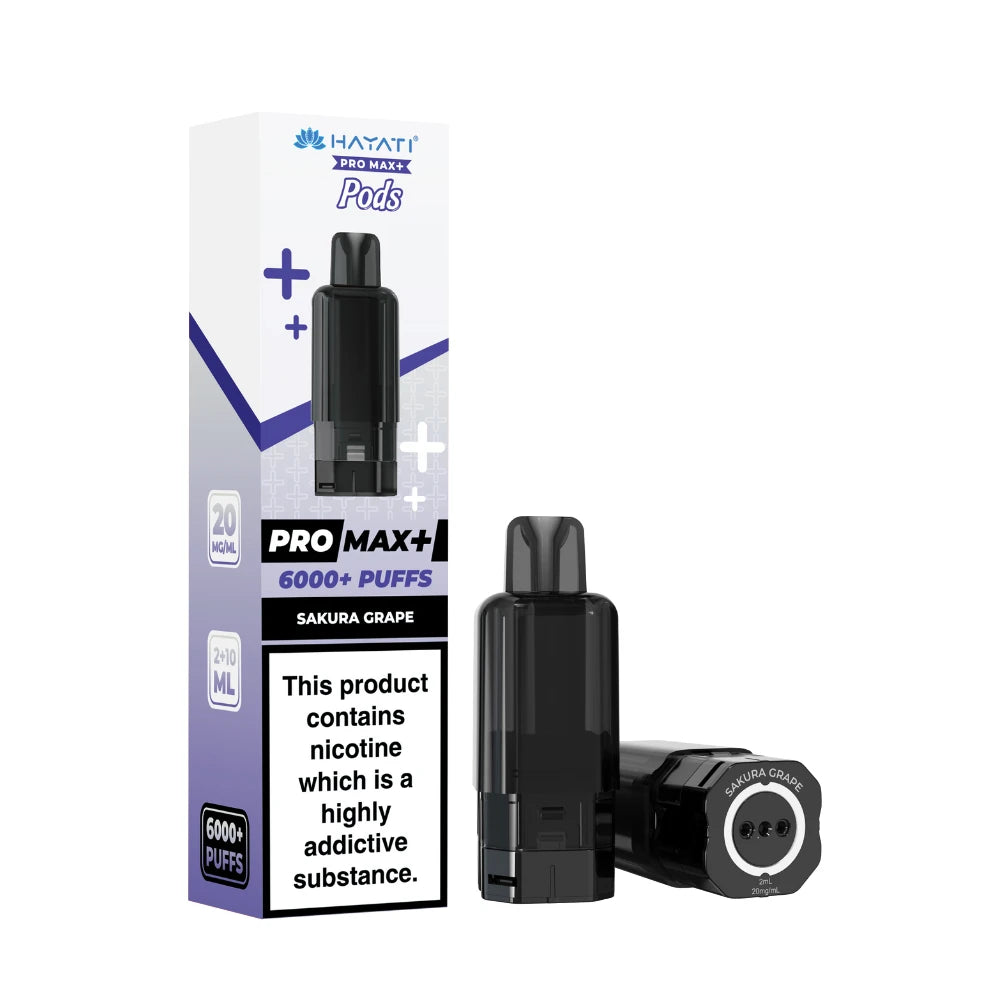 Hayati Pro Max+ refill pod in "Sakura Grape" flavour and packaging on a white background