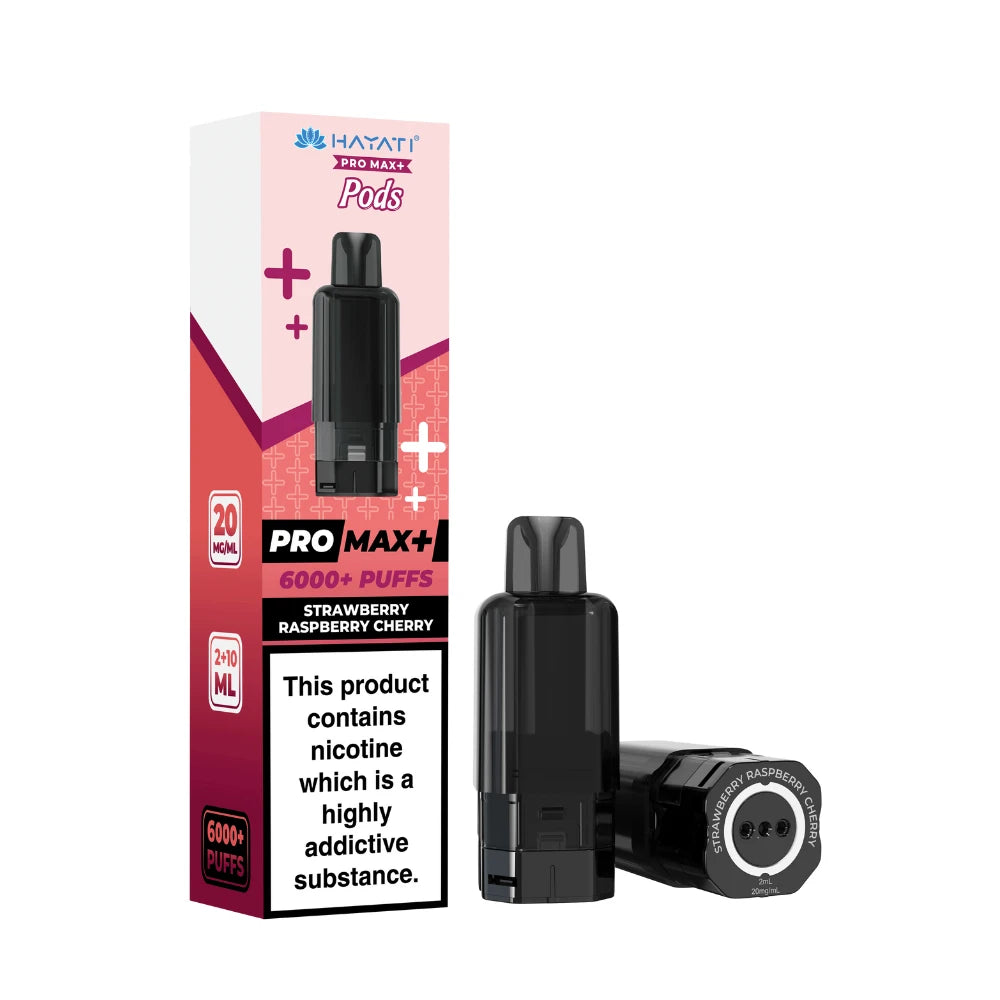 Hayati Pro Max+ refill pod in "Strawberry Raspberry Cherry" flavour and packaging on a white background