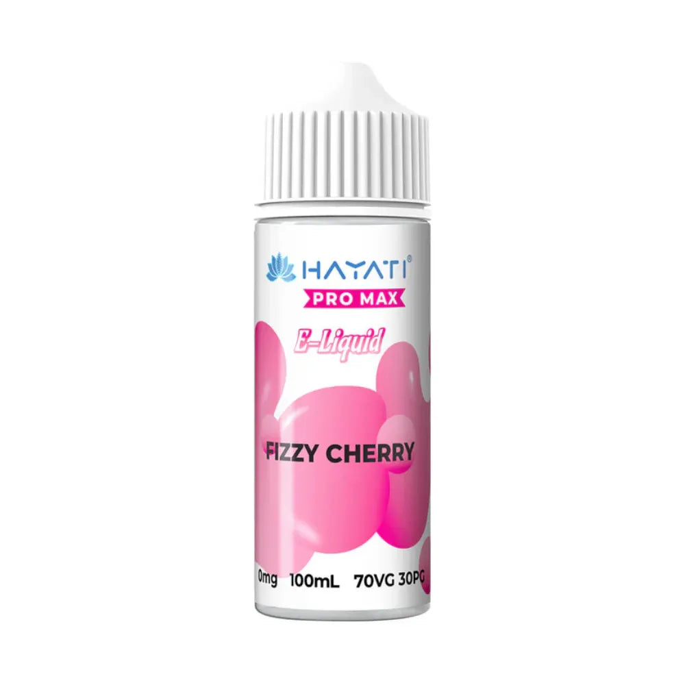 Hayati Pro Max e-liquid fizzy cherry bottle with pink design on a white background