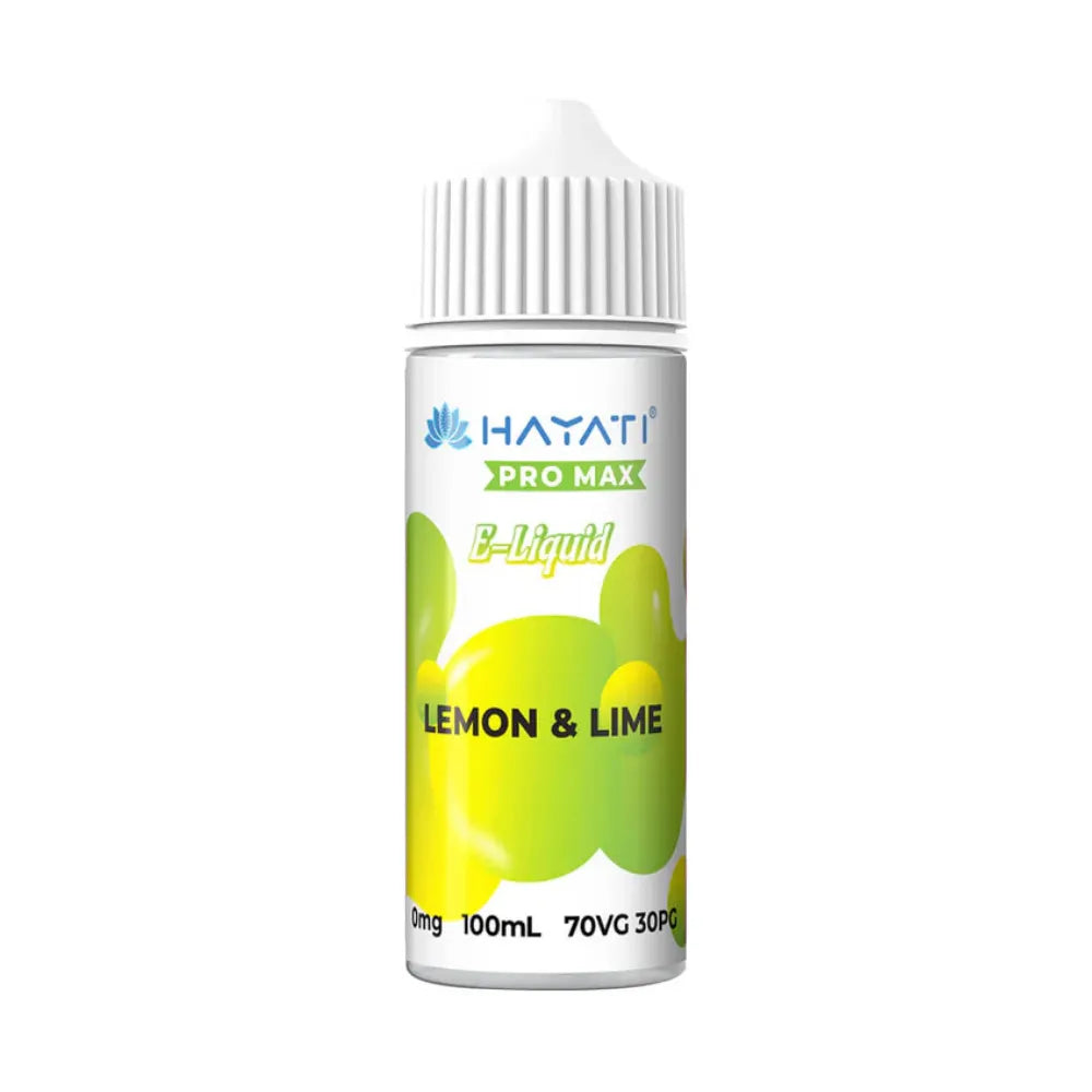 Hayati Pro Max e-Liquid bottle with lemon and lime design on a white background