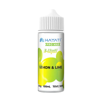 Hayati Pro Max e-Liquid bottle with lemon and lime design on a white background