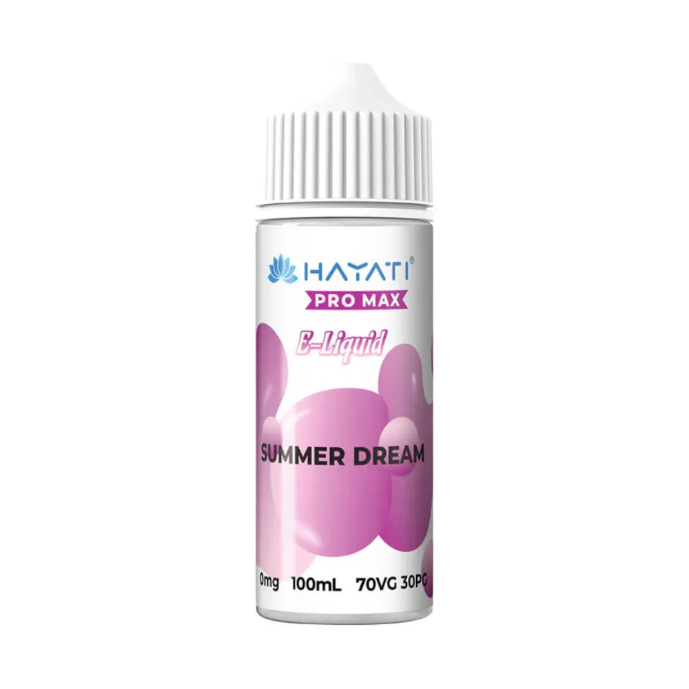 Hayati Pro Max e-liquid bottle with summer dream pink design on a white background