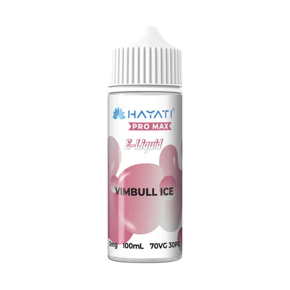 Hayati Pro Max e-liquid bottle vimbull with pink and white design on a white background