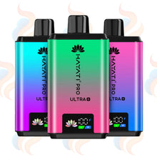 Three colourful vape devices with 'Hayati Pro Ultra+' branding on a white background.