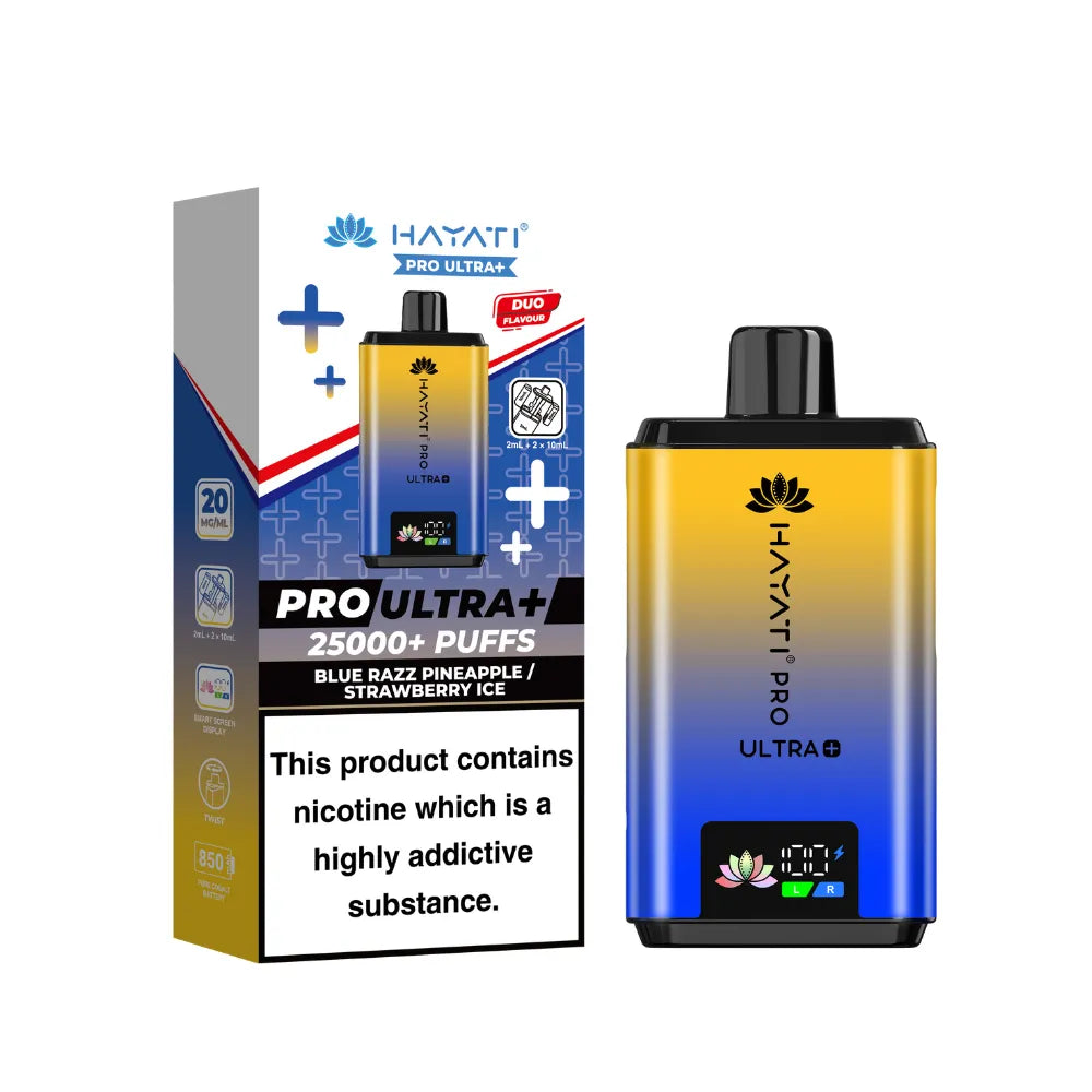 Hayati Pro Ultra+ Kit in "Blue Razz Pineapple & Strawberry Ice" flavour, with colourful packaging on a white background.