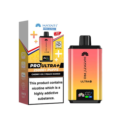 Hayati Pro Ultra+ Kit in "Cherry Ice & Peach Mango" flavour, with colourful packaging on a white background.