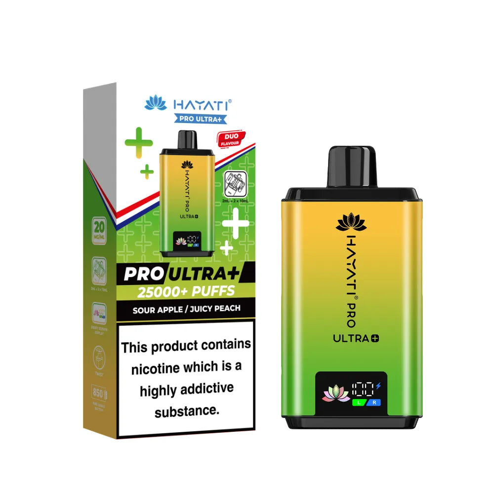 Hayati Pro Ultra+ Kit in "Sour Apple & Juicy Peach" flavour, with colourful packaging on a white background.