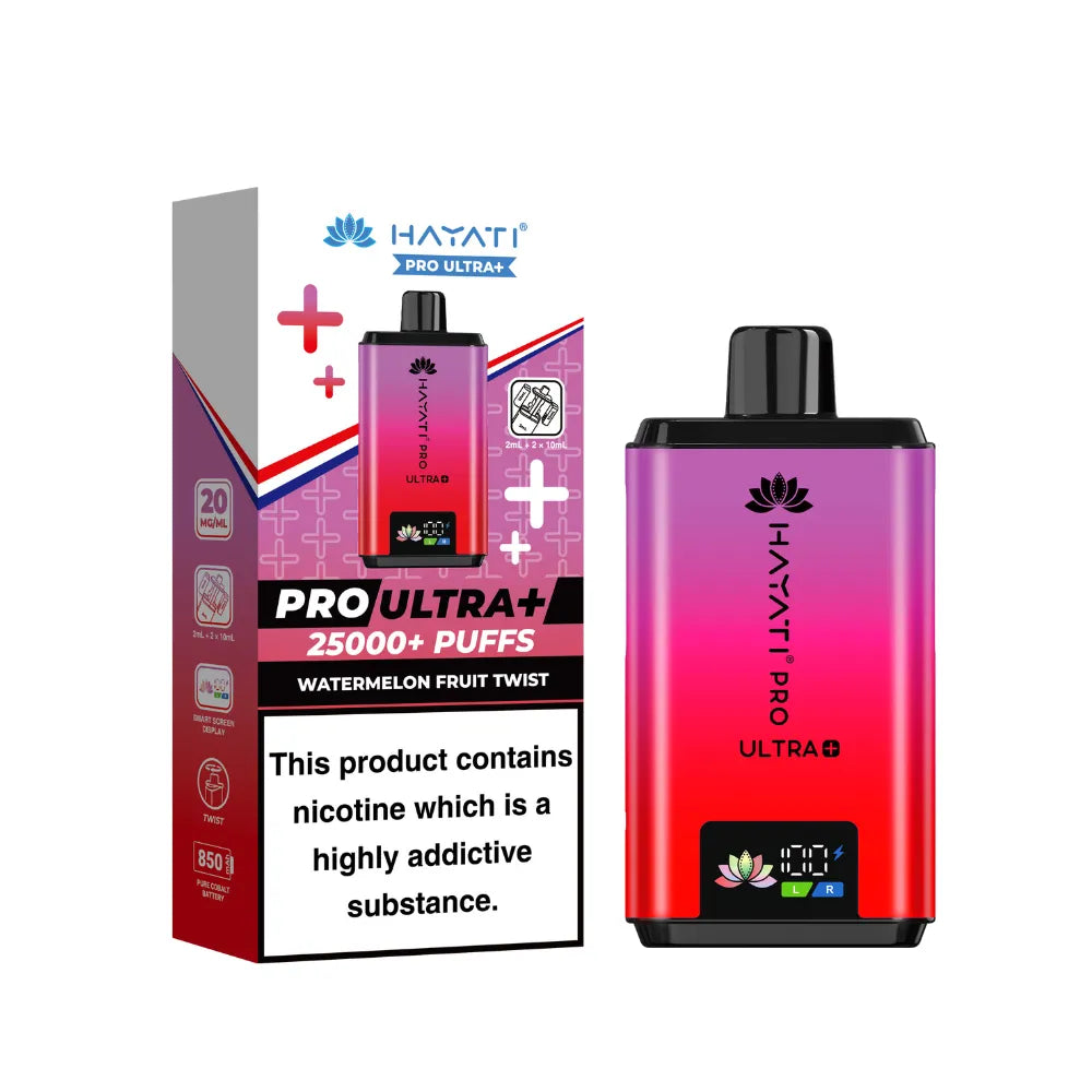 Hayati Pro Ultra+ Kit in "Watermelon Fruit twist" flavour, with colourful packaging on a white background.