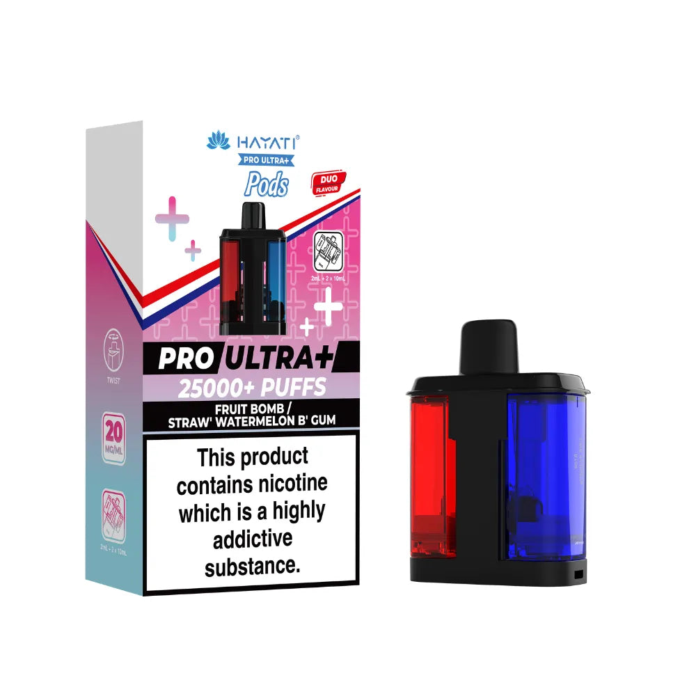 Hayati Pro Ultra+ "Fruit Bomb & Straw' Watermelon B'Gum" Pod with colourful packaging on a white background.