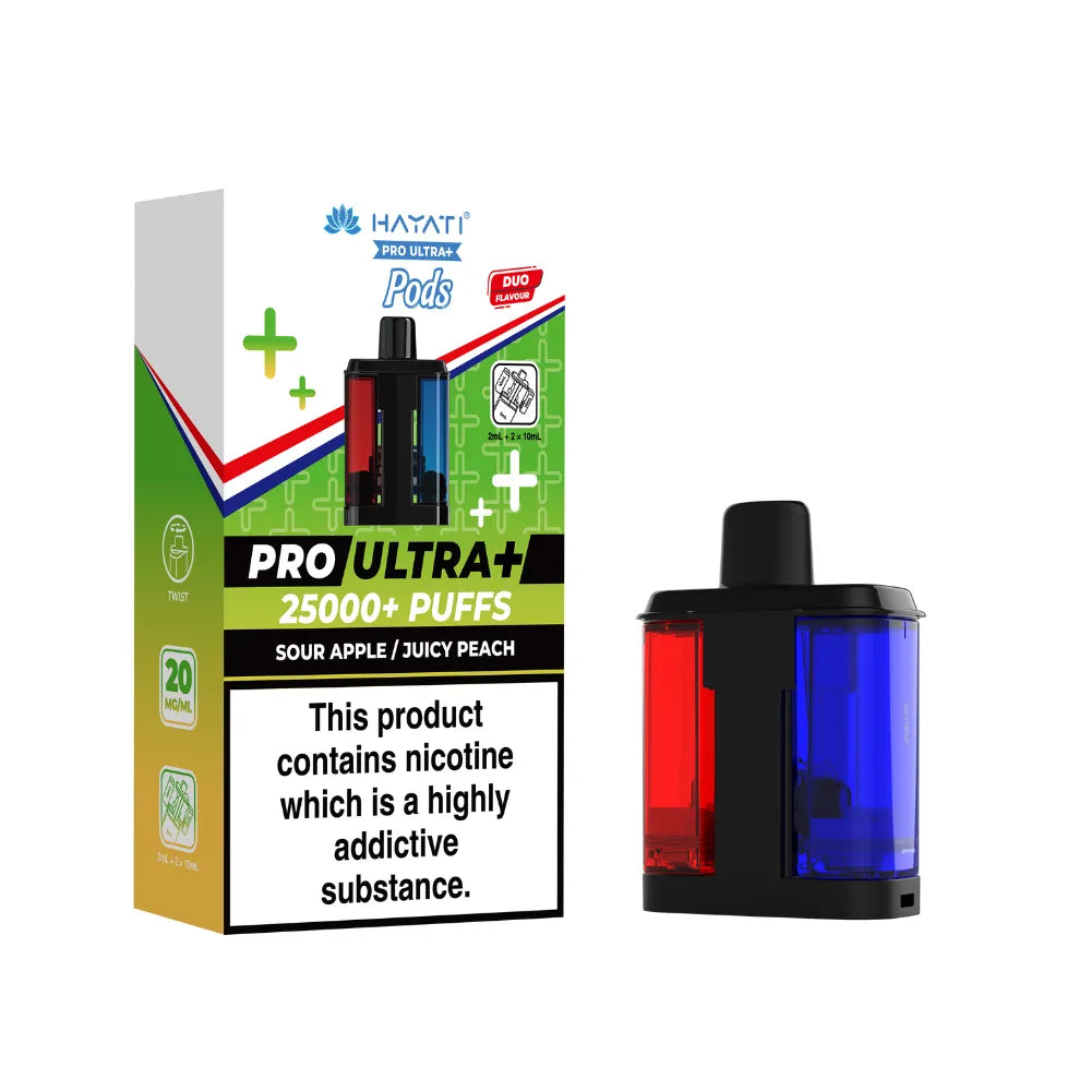 Hayati Pro Ultra+ "Sour Apple & Juicy Peach" Pod with colourful packaging on a white background.