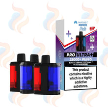 Three Hayati Pro Ultra+ vape refill pods with packaging on a white background.