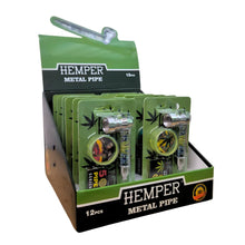 Display of 12 Hemper metal pipes with grinders on a white background