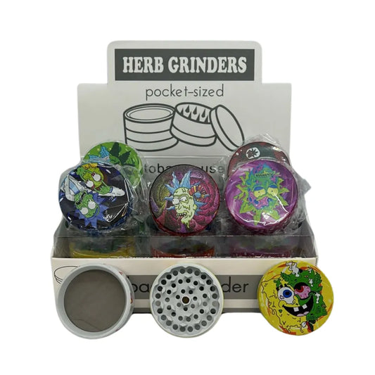 Display of pocket-sized herb grinders with colourful designs on a white background.